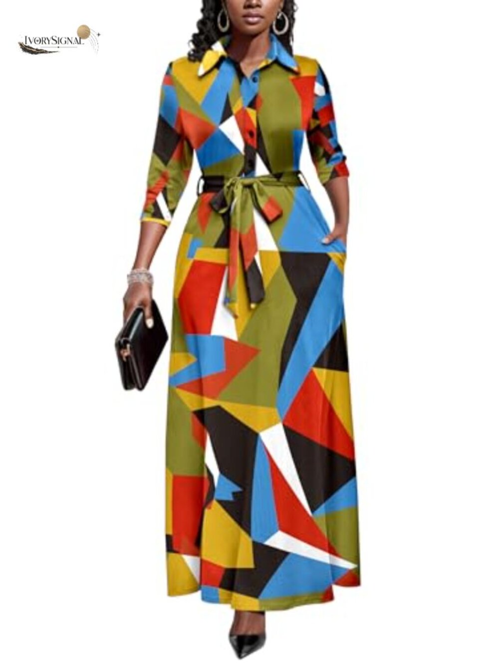 Women 3/4 Sleeve Maxi Dress Button Down with Pockets